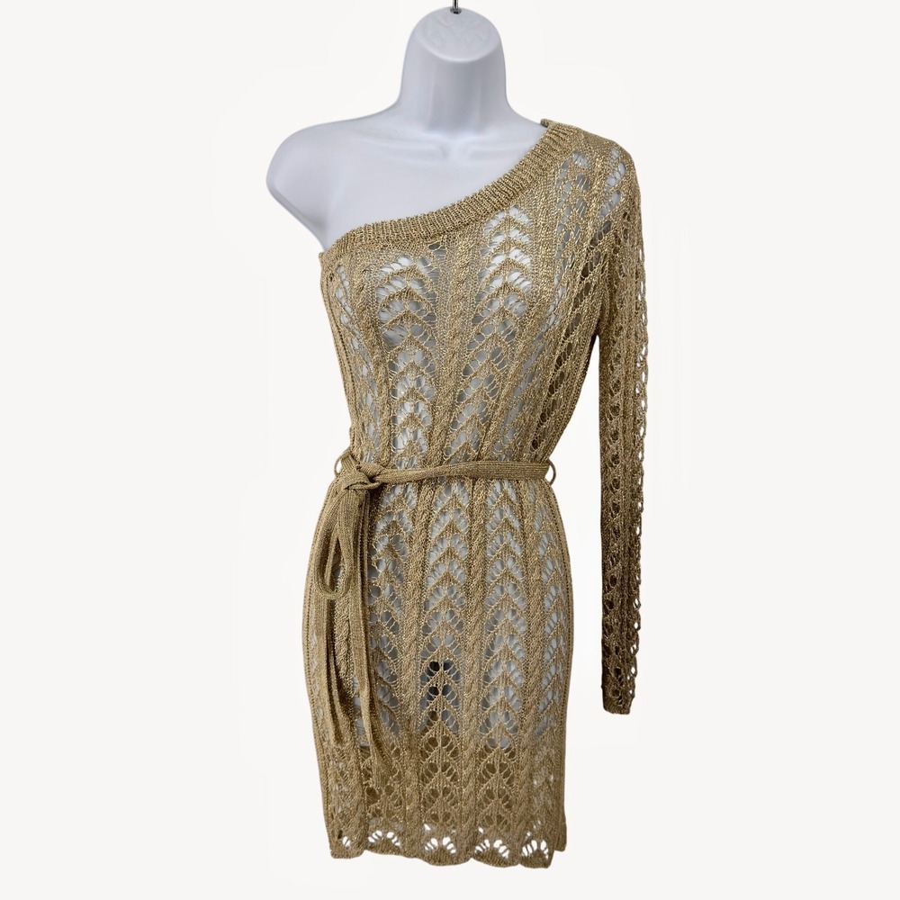 Lioness Gold One Shoulder Crochet Tie Waist Coverup Dress Size M